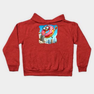 A giant donut crashing into a city with a silly expression Kids Hoodie